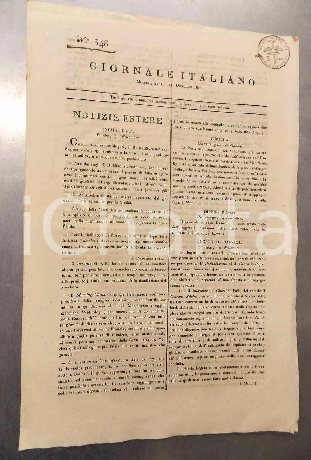 Documento originale, autentico 1811 REGNO D ITALIA  GIORNALE ITALIANO  Dimissioni commissario Desirat  n°348 1