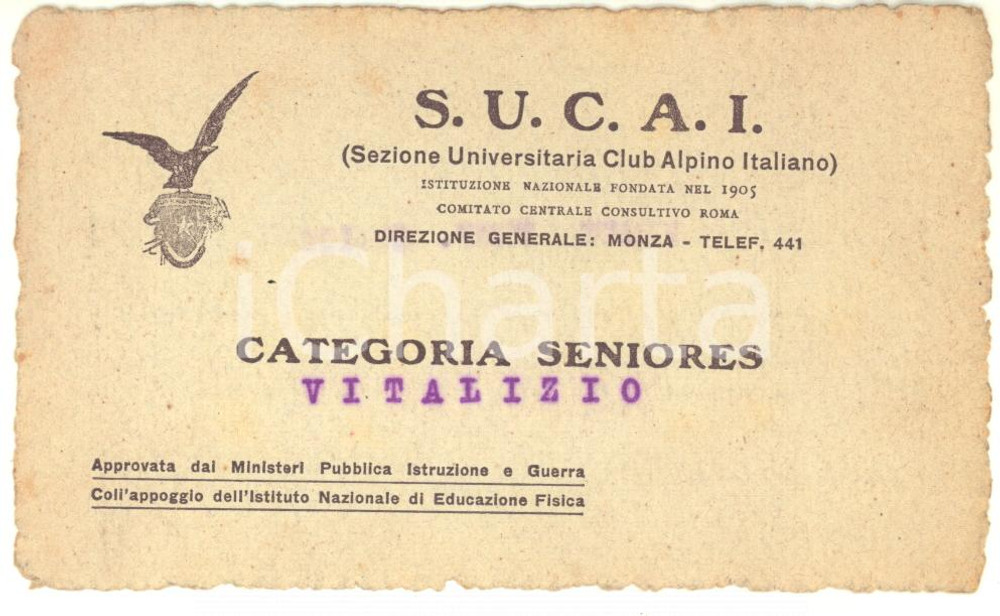 Oggetto da collezione cartaceo 1940 ca S.U.C.A.I. Tessera di riconoscimento  Categoria seniores 1