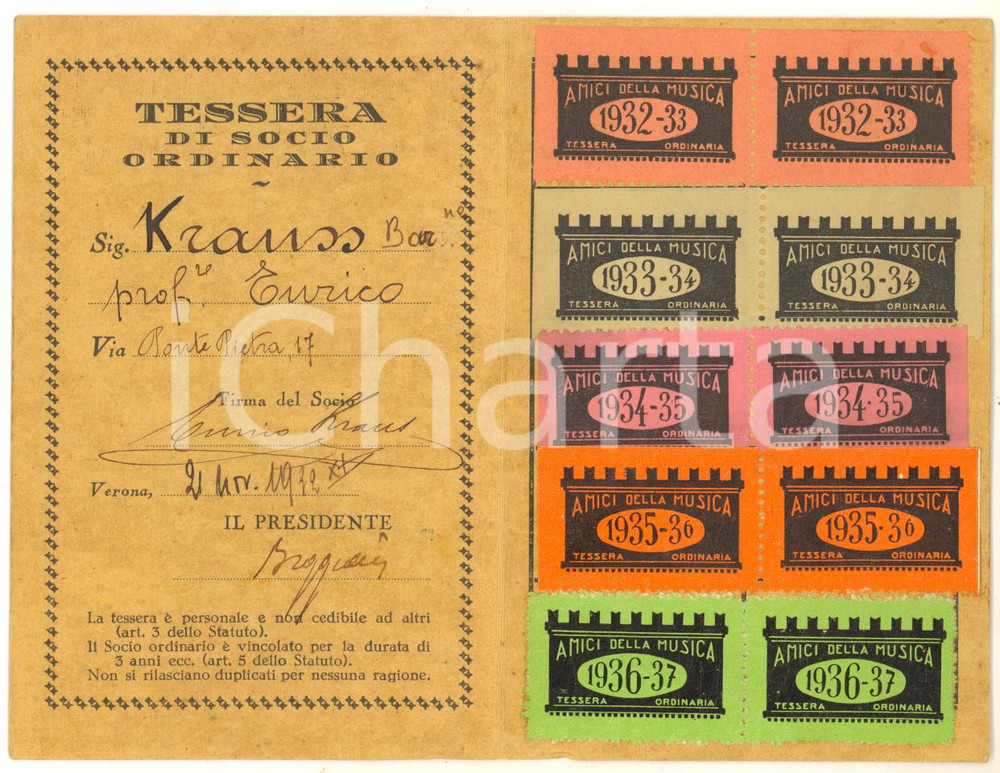 Oggetto da collezione cartaceo 1932 VERONA CASTELVECCHIO  SocietÃ  Amici della Musica  Tessera con bolli 1