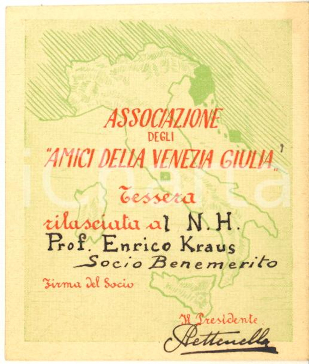 Oggetto da collezione cartaceo 1940 ca VERONA Associazione Amici della Venezia Giulia  Tessera 1