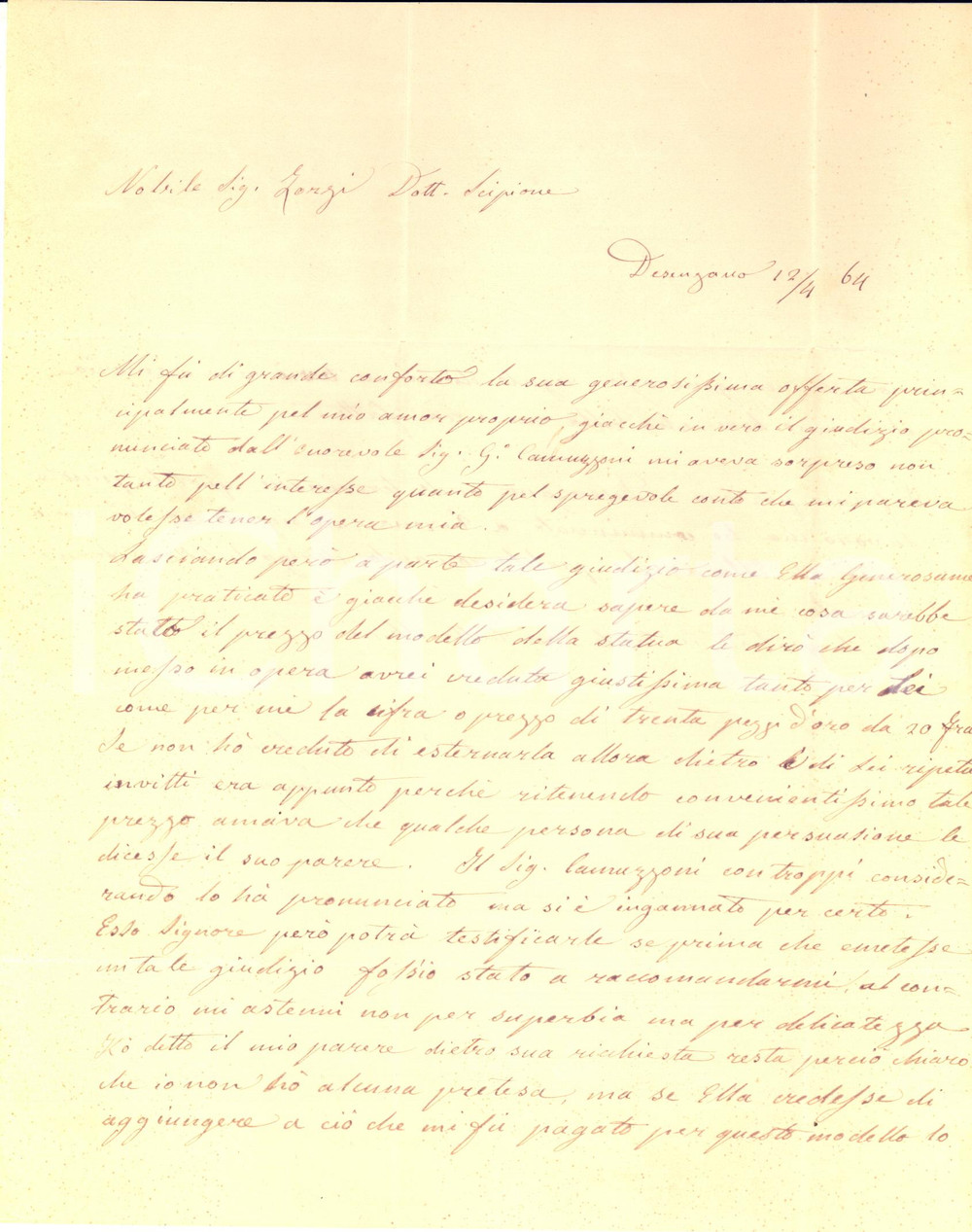 Autografo originale 1864 DESENZANO Scultore Giovanni SPAZZI sul valore di una sua opera  AUTOGRAFO 1