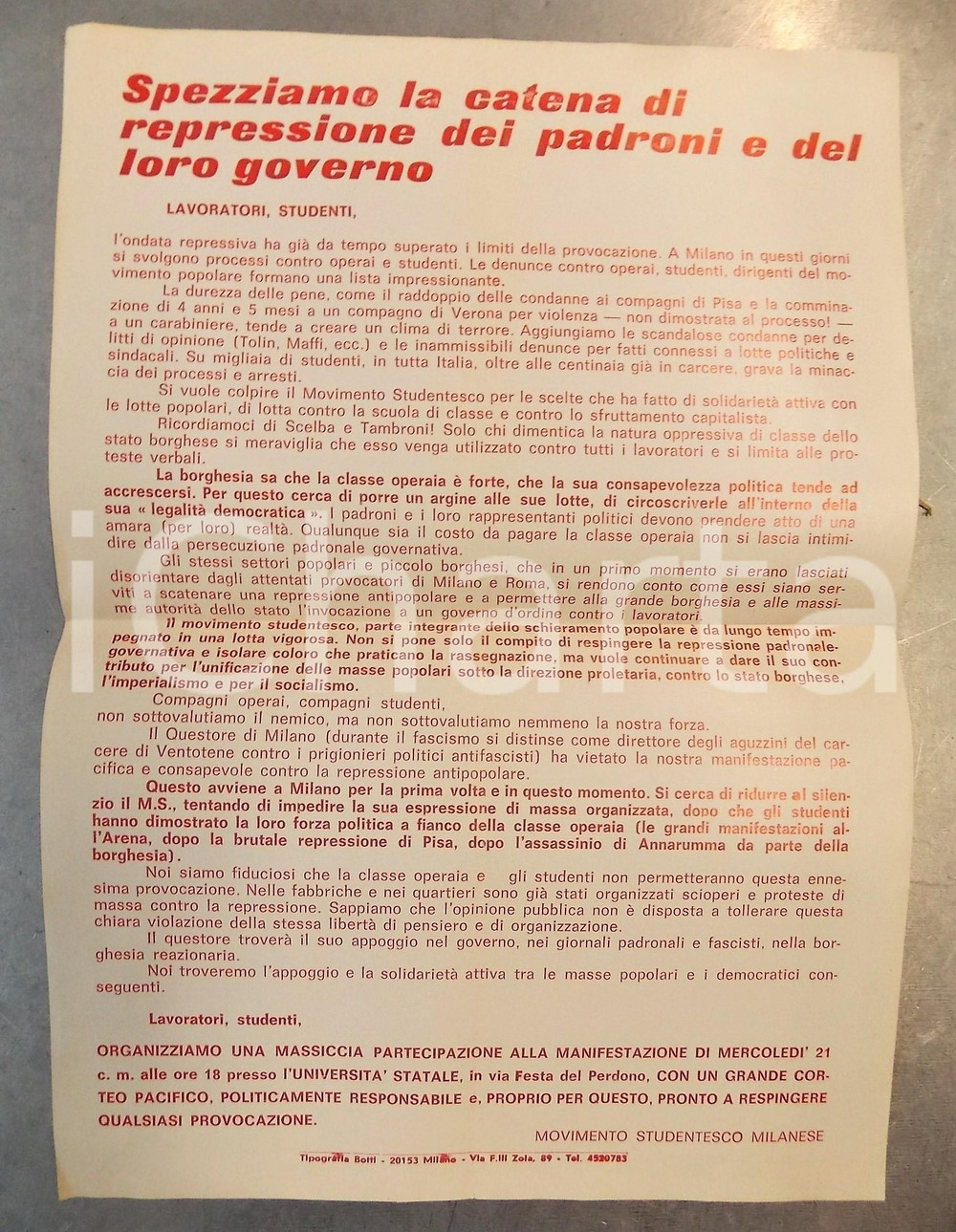 Materiale pubblicitario d’epoca 1970 ca MILANO MOVIMENTO STUDENTESCO  Volantino per manifestazione 23x33 cm 1