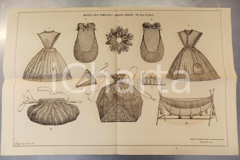 Stampa, bozzetto originale 1890 ca PARIS MODE  MAISON THOREL  Articles brodÃ©s  Planche 52x34 cm 1