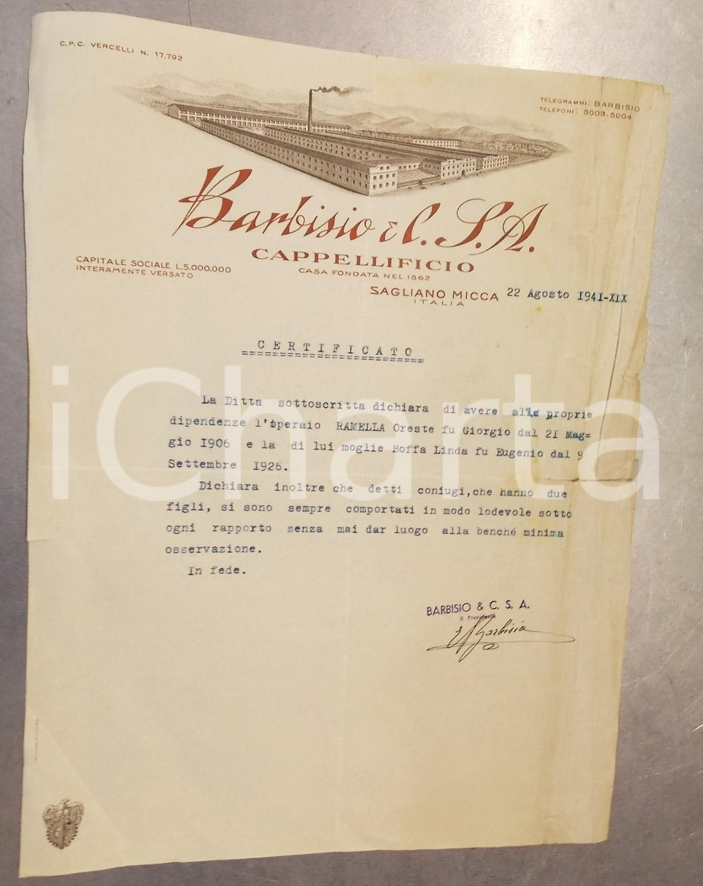 Documento originale, autentico 1941 SAGLIANO MICCA Cappellificio BARBISIO  Certificato buona condotta operaio 1