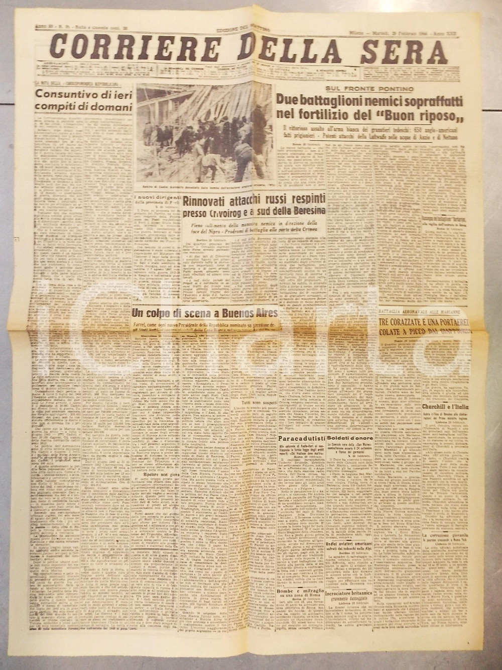 Giornale, rivista storica 1944 CORRIERE DELLA SERA Attacchi tedeschi ad Anzio  Castel Gandolfo bombardato 1
