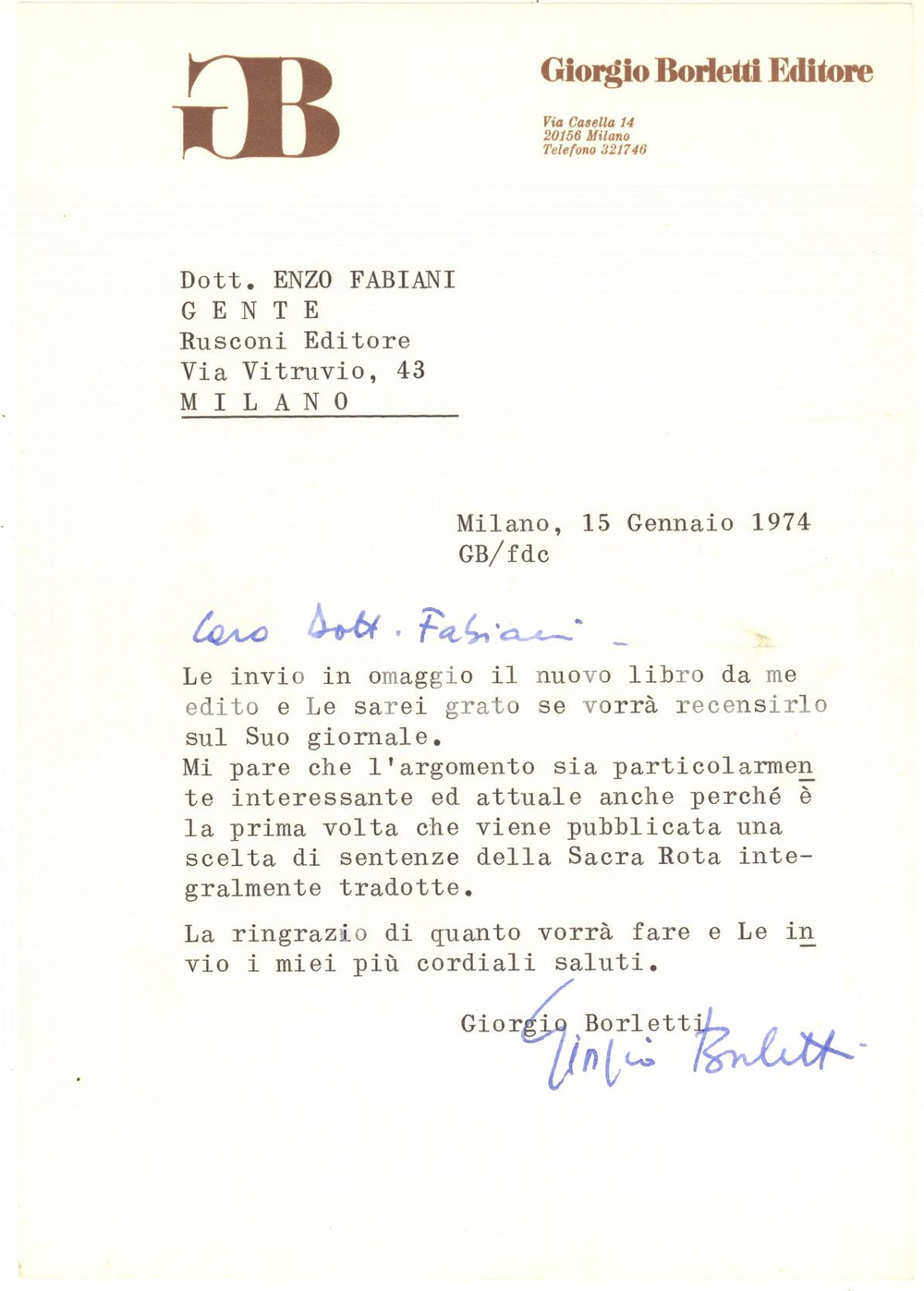 Autografo originale 1974 MILANO Lettera editore Giorgio BORLETTI per invio volume  AUTOGRAFO 1