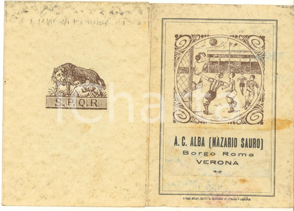 Oggetto da collezione cartaceo 1936 VERONA   A.C. ALBA Nazario Sauro  Tessera di riconoscimento 1