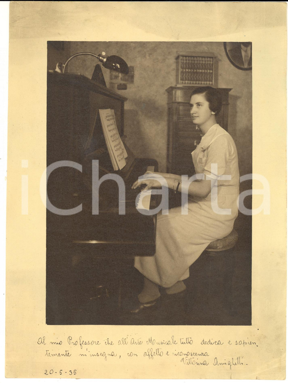 Fotografia d epoca originale 1935 VERONA Ritratto di Vittorina AMIGHETTI al pianoforte  Foto 18x24 cm 1