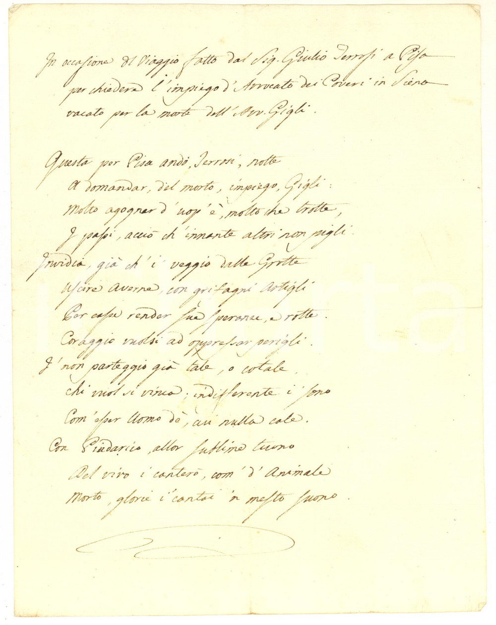 Manoscritto, lettera originale 1880 ca ANONIMO Sonetto per Giulio TERROSI per incarico Avvocato dei Poveri 1