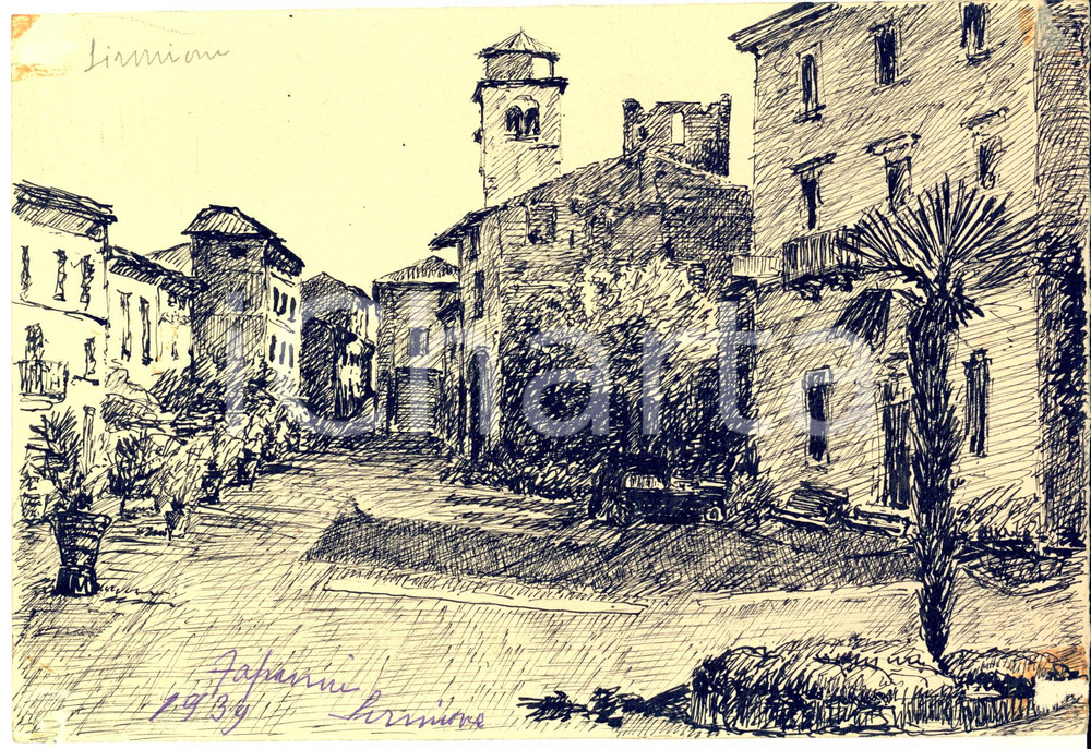 Opera d’arte autentica 1939 ARTE SIRMIONE  Veduta del borgo  Disegno a china 24x17 cm 1