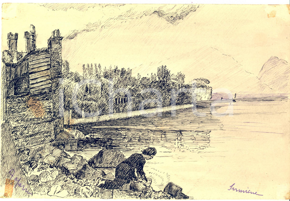Opera d’arte autentica 1939 ARTE SIRMIONE  Lavandaia al Castello Scaligero  Disegno a china 24x16 cm 1
