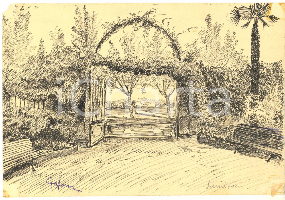 Opera d’arte autentica 1939 ARTE SIRMIONE  Veduta di un giardino fiorito  Disegno a china 24x17 cm 1