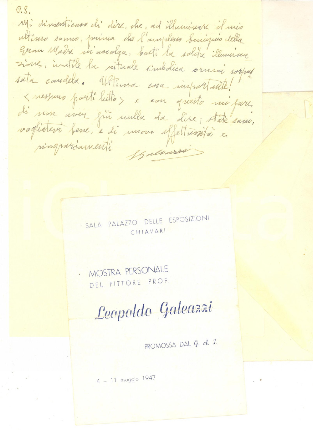 Autografo originale 1952 CHIAVARI Pittore Leopoldo GALEAZZI organizza il proprio funerale AUTOGRAFO 1
