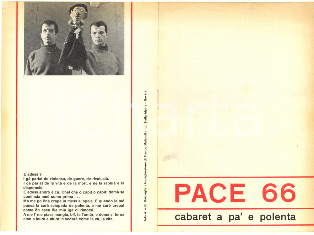 Materiale pubblicitario d’epoca 1966 TEATRO  PACE 66  Cabaret a pa  e polenta  Pieghevole pubblicitario 1