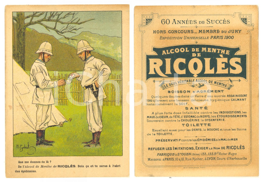 Materiale pubblicitario d’epoca 1910 ca Alcool de menthe RICQLES  Carte publicitaire ILLUSTREE GERBAULT 9x13 cm 1
