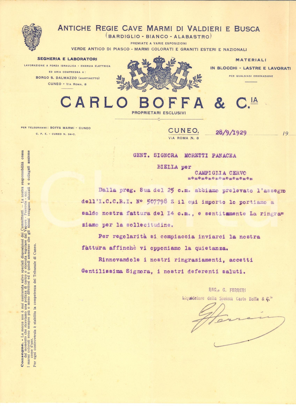 Documento originale, autentico 1929 CUNEO via Roma  Ditta Carlo BOFFA marmi e graniti  Lettera commerciale 1