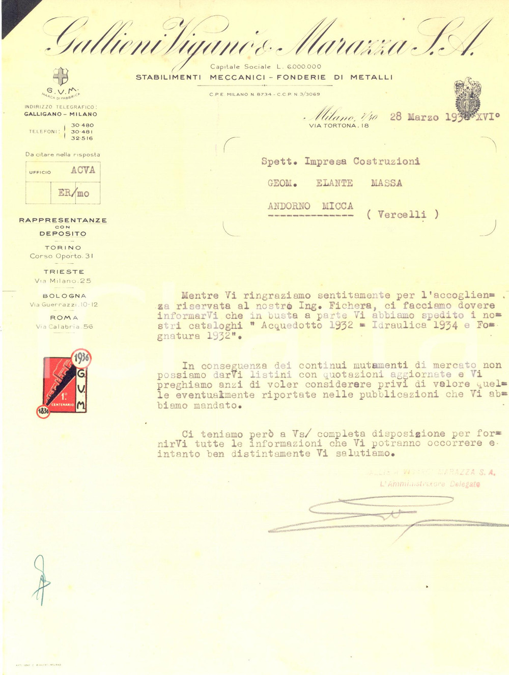 1936 MILANO via Tortona - Fonderie GALLIENI VIGANO' & MARAZZA - Lettera Lettera a stampa, su carta intestata.CONDIZIONI:  FAIR (piegature d'epoca)PAGINE: 1    originale e autentica 1