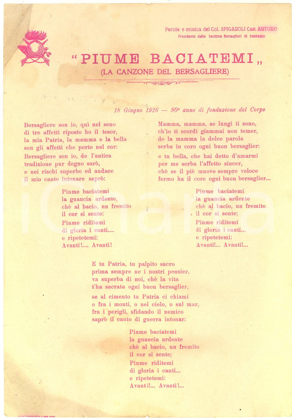 Documento originale, autentico 1926 SANREMO Arturo SPIGAROLI  Piume baciatemi La canzone del bersagliere 1