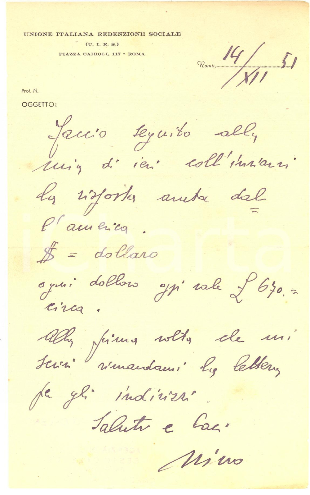 Manoscritto, lettera originale 1951 ROMA Unione Italiana Redenzione Sociale UIRS  Lettera su carta intestata 1
