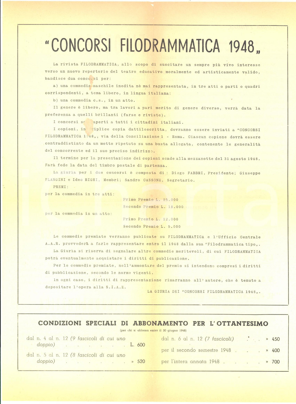 Materiale pubblicitario d’epoca 1948 ROMA Concorsi rivista FILODRAMMATICA  Volantino pubblicitario DANNEGGIATO 1