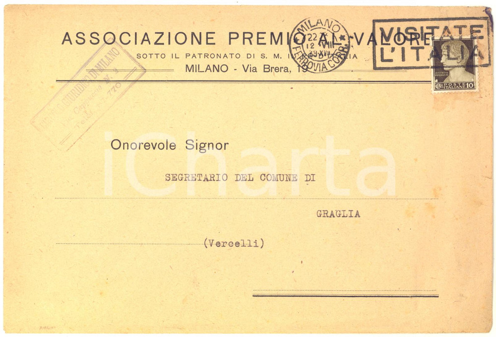 1939 MILANO via Brera 19 - Associazione Premio al Valore - Busta VUOTA intestata Busta priva di contenuto, intestata, viaggiata con timbro del Circolo Giuridico di Milano.CONDIZIONI:  POOR (gualciture al lato destro)    originale e autentica 1