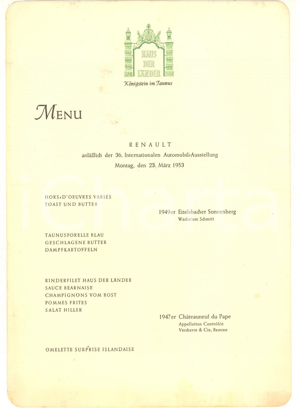 1953 KONIGSTEIN IM TAUNUS - Haus der Lander - RENAULT Automobil Ausstellung menu Men&ugrave; su cartoncino.FORMATO: 15x21 cmCONDIZIONI: POOR (profonda piegatura centrale e lievi macchie)    originale e autentica 1