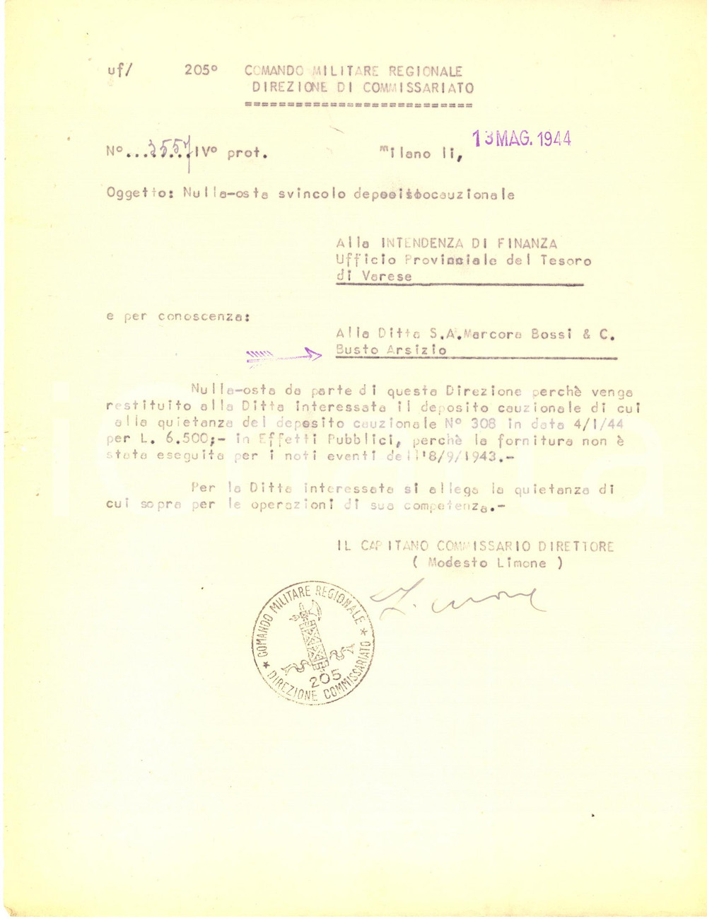 Documento originale, autentico 1944 WW2 RSI MILANO Comando Militare  Svincolo cauzione per eventi 8 Settembre 1