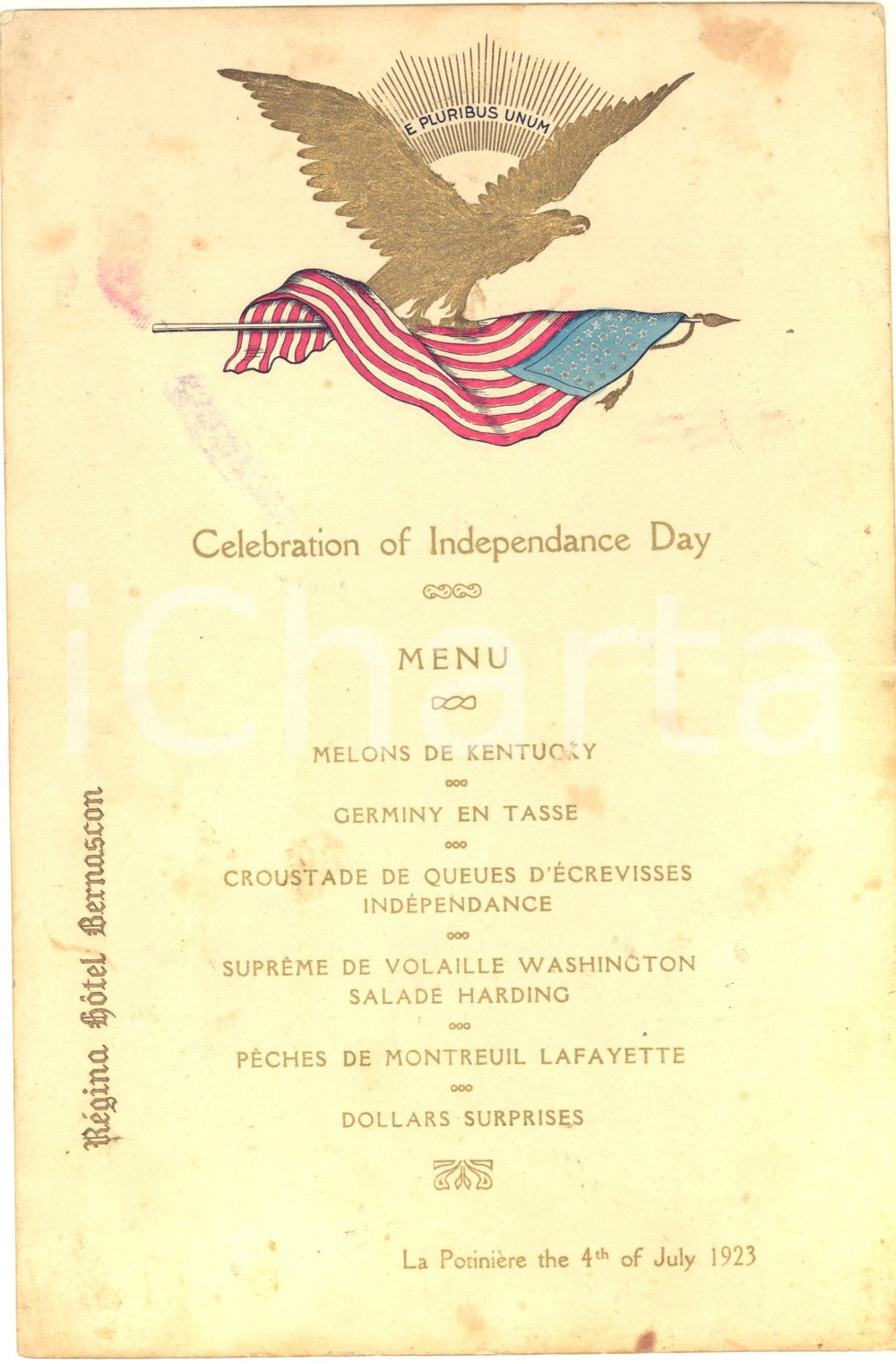 1923 AIX-LES-BAINS (France) REGINA HOTEL BERNASCON - Independance Day menu