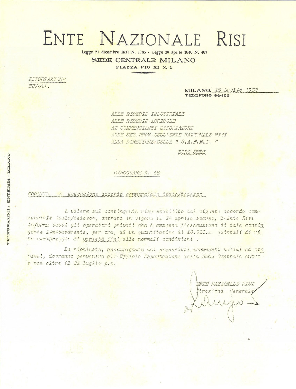 Documento originale, autentico 1952 MILANO Ente Nazionale Risi  Accordo commerciale italotedesco  Lettera 1