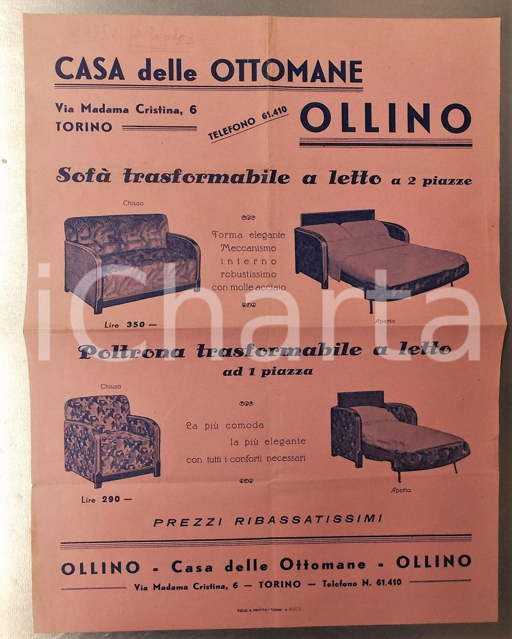 Materiale pubblicitario d’epoca 1934 TORINO Casa delle Ottomane OLLINO  Volantino ILLUSTRATO 23x30 cm 1