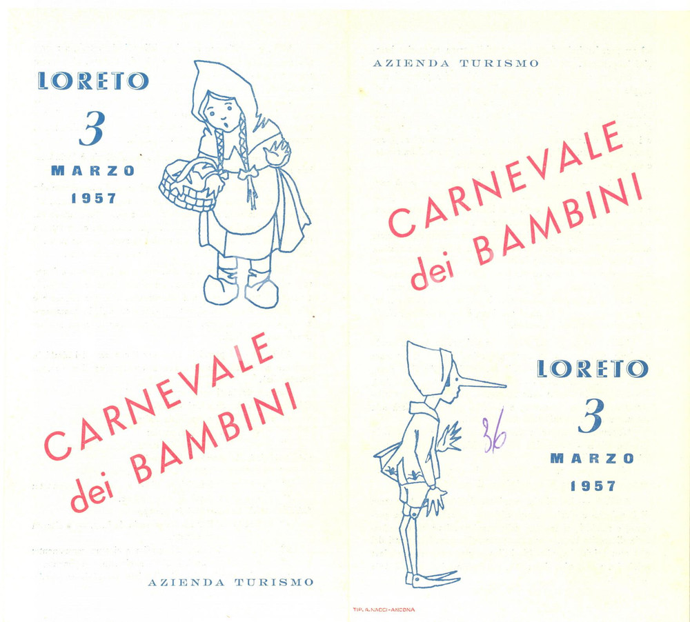 Materiale pubblicitario d’epoca 1957 LORETO AN Carnevale dei Bambini  Pieghevole pubblicitario VINTAGE 1
