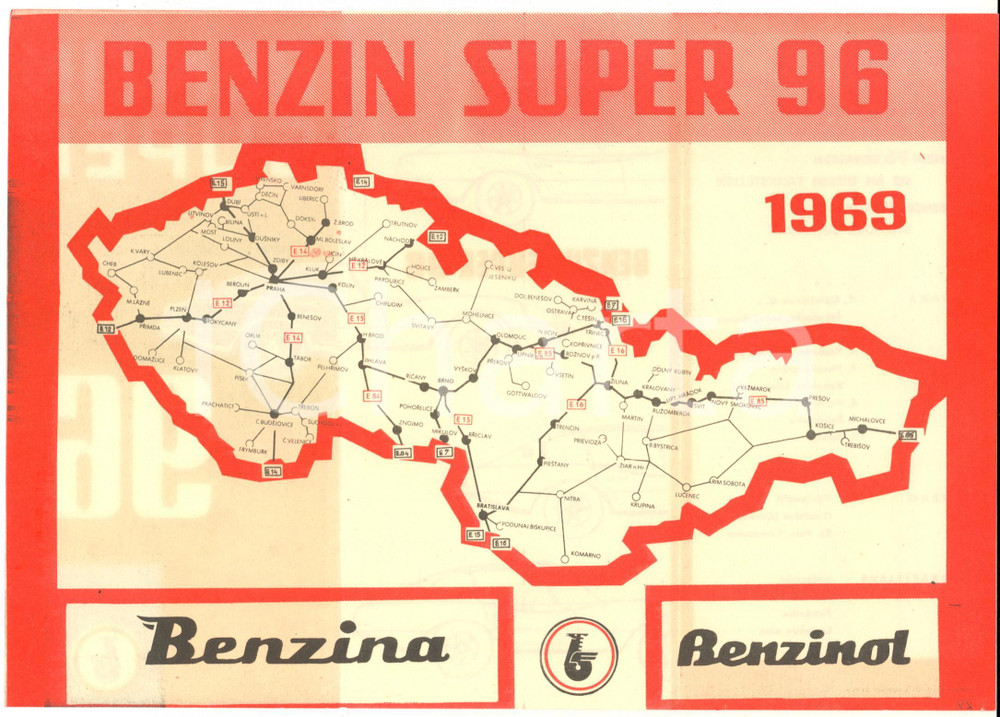 Materiale pubblicitario d’epoca 1969 REPUBBLICA CECA  BENZIN SUPER 96  Pieghevole ILLUSTRATO con mappa 1