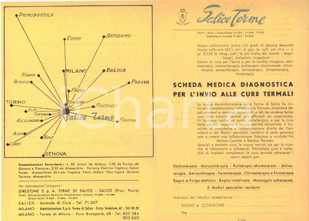 Materiale pubblicitario d’epoca 1950 ca SALICE TERME Scheda medica diagnostica per invio alle cure termali 1