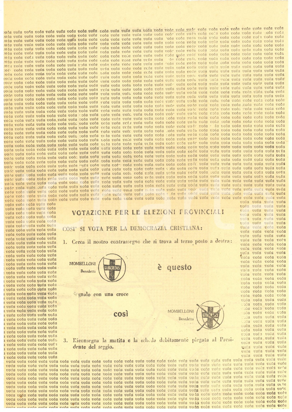 Materiale pubblicitario d’epoca 1951 BRESCIA ELEZIONI AMMINISTRATIVE  Propaganda DC  Vota Benedetto MOMBELLONI 1
