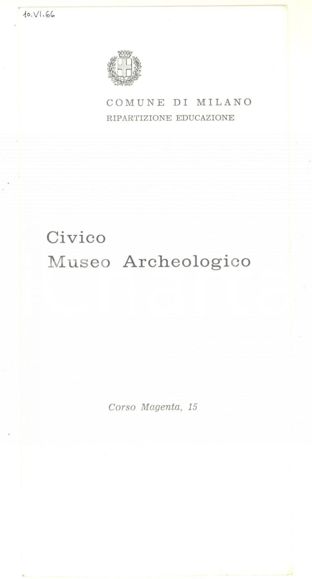 Materiale pubblicitario d’epoca 1966 COMUNE DI MILANO Civico Museo Archeologico  Corso Magenta  Pieghevole 1