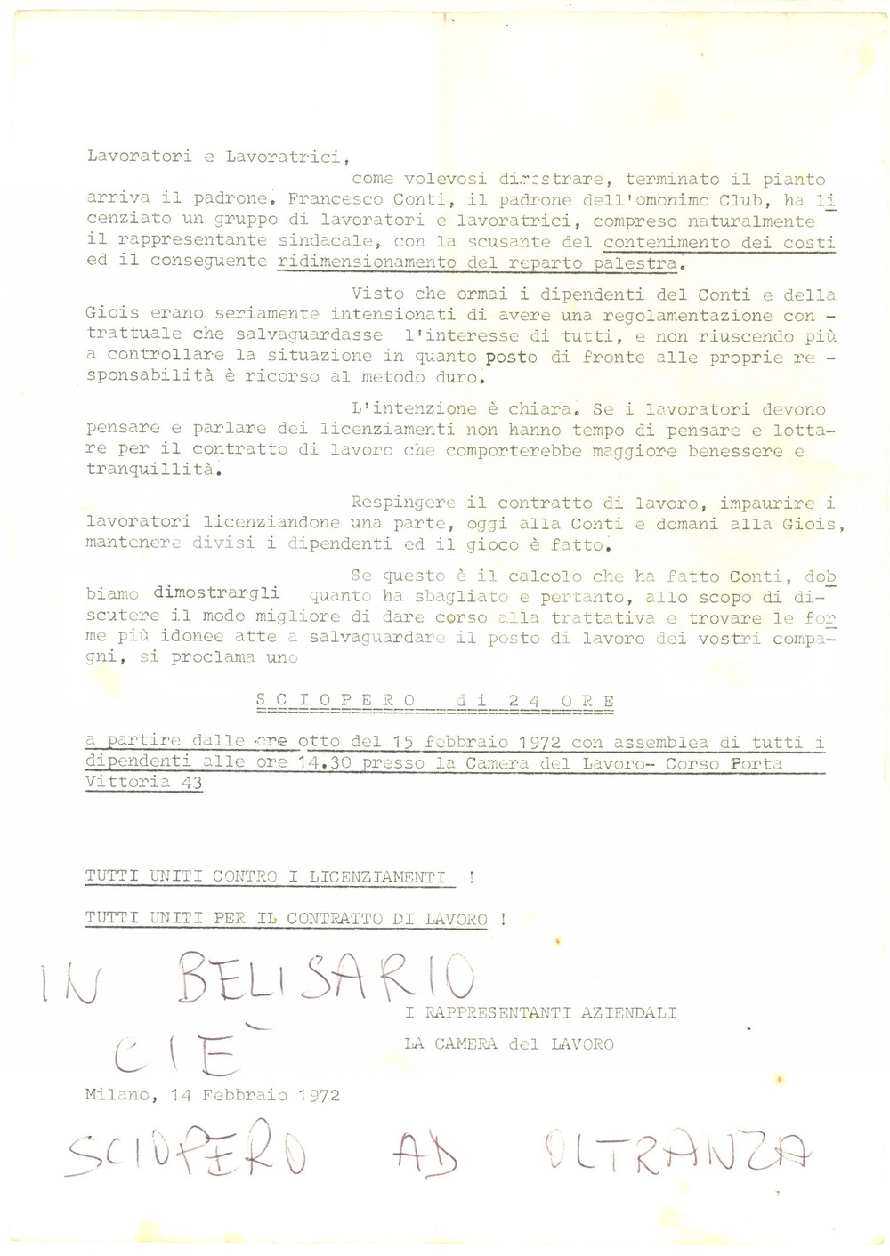 Documento originale, autentico 1972 MILANO Sciopero contro i licenziamenti al Club Francesco Conti  RARO 1