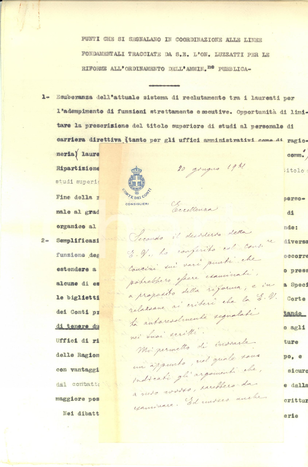 Manoscritto, lettera originale 1921 ROMA CORTE DEI CONTI  Consigliere Federico ZAPELLANI su riforma Luzzatti 1