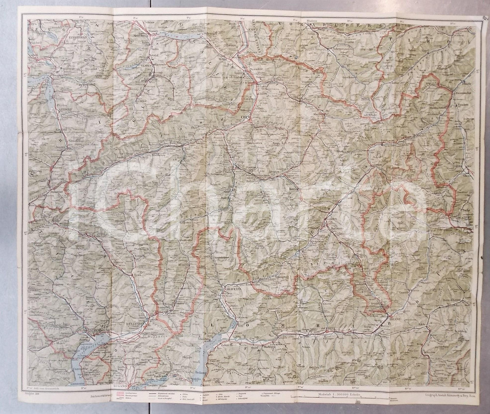 Mappa, planimetria storica 1919 GRABUNDEN SCHWEIZ RhÃ¤tische Bahn  Reisekarte 55x47 cm 1