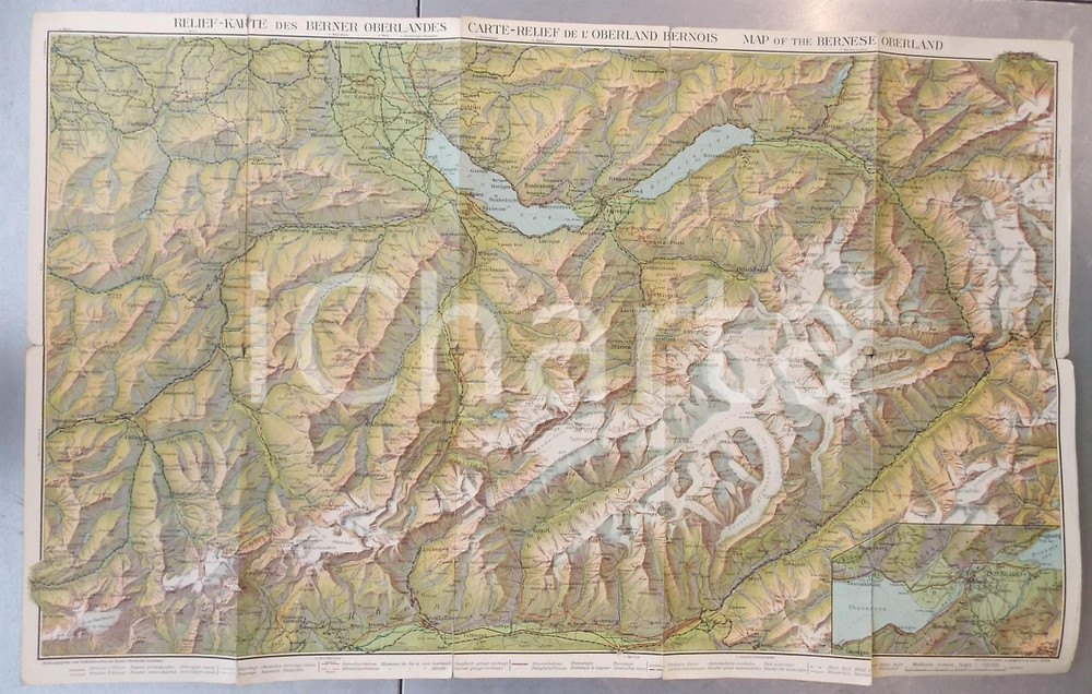 Mappa, planimetria storica 1920 ca BERNER OBERLANDES  SCHWEIZ Reliefkarte  Ed. KUMMERLY & FREY 70x42 cm 1