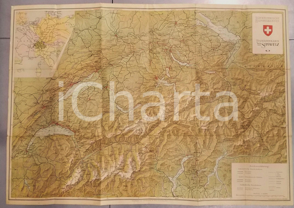 1925 SCHWEIZERISCHE BUNDESBAHNEN - Reisekarte der Schweiz - 80x55 cm Mappa d'epoca.CONDIZIONI: GFORMATO: 80x55 cm    originale e autentica 1