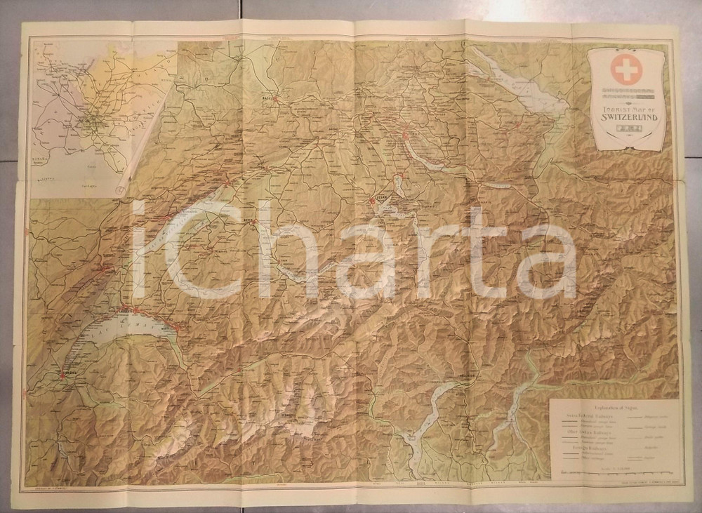 Mappa, planimetria storica 1915 ca SWISS FEDERAL RAILWAYS  Tourist map of Switzerland  80x60 cm 1