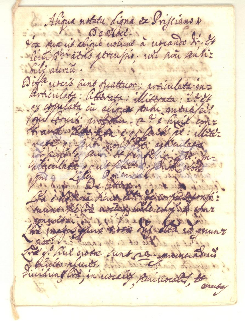 1650 ca PRISCIANO De voce - Aliqua notatu digna - Manoscritto 9 pp. Manoscritto databile alla met&agrave; del Seicento, di piccolo formato, contenente alcuni passaggi del "De voce" di Prisciano.CONDIZIONI: FAIR (buone condizioni generali, ma in alcuni punti la scrittura &egrave; danneggiata dalla corrosione dell'inchiostro)PAGINE: 28 (9 scritte)FORMATO: 11x14 cm     originale e autentica 1