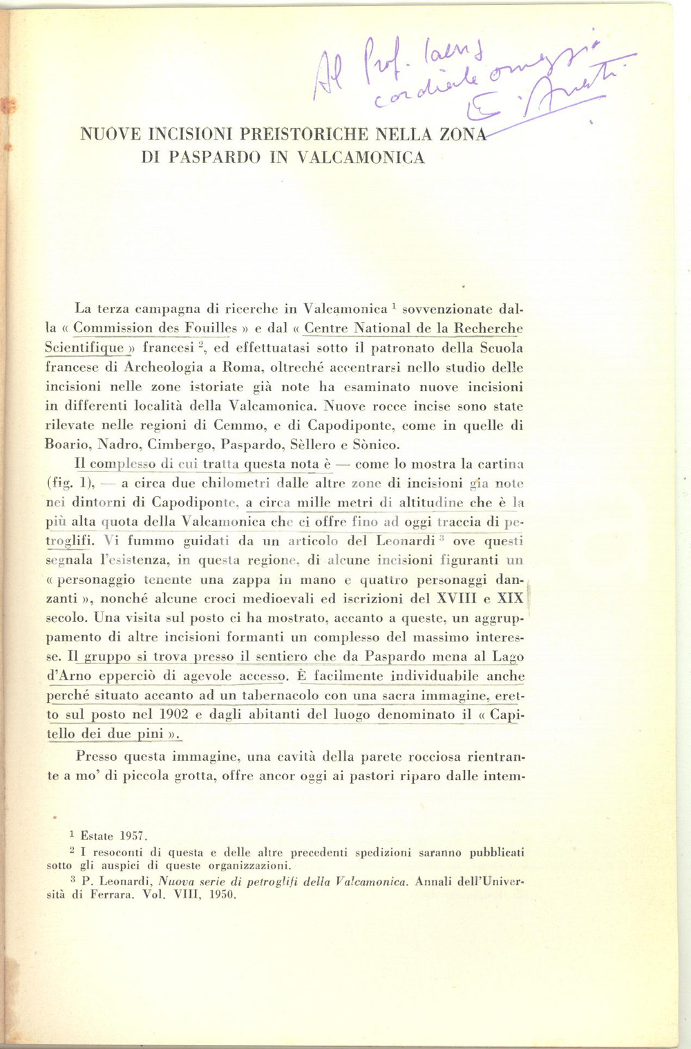 Libro, pubblicazione d epoca 1957 Emmanuel ANATI Incisioni preistoriche nella zona di Paspardo AUTOGRAFO 1