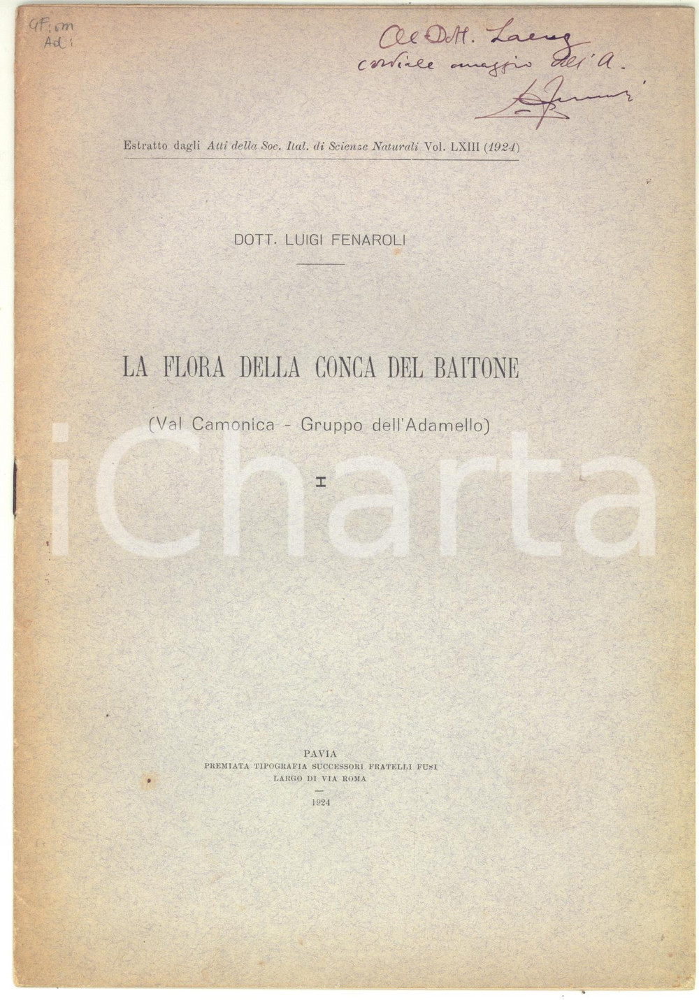 Libro, pubblicazione d epoca 1924 Luigi FENAROLI La flora della Conca del Baitone  I  Invio AUTOGRAFO 1