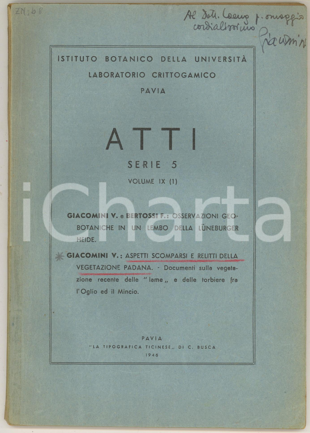1946 UniversitÃ  di PAVIA Valerio GIACOMINI Osservazioni geobotaniche - AUTOGRAFO Pubblicazione dell'Universit&agrave; di Pavia - Istituto Botanico, contenente due articoli di Valerio Giacomini: "Osservazioni geobotaniche in un lembo della L&uuml;neburger Heide"" Aspetti scomparsi e relitti della vegetazione padana. Documenti sulla vegetazione delle lame e torbiere tra l'Oglio e il Mincio".Atti - Serie 5 - Volume IX (1).Invio autografo.CONDIZIONI: POOR (buone condizioni interne, ma dorso riparato con adesivo; tracce d'uso)PAGINE: 78EDITORE: A.P.E.    originale e autentica 1