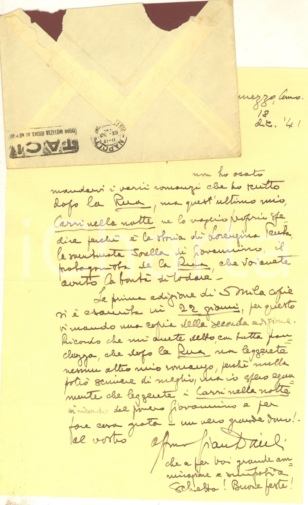 Autografo originale 1941 TREMEZZO Lettera Gian DAULI per invio di Carri nella notte AUTOGRAFO 1
