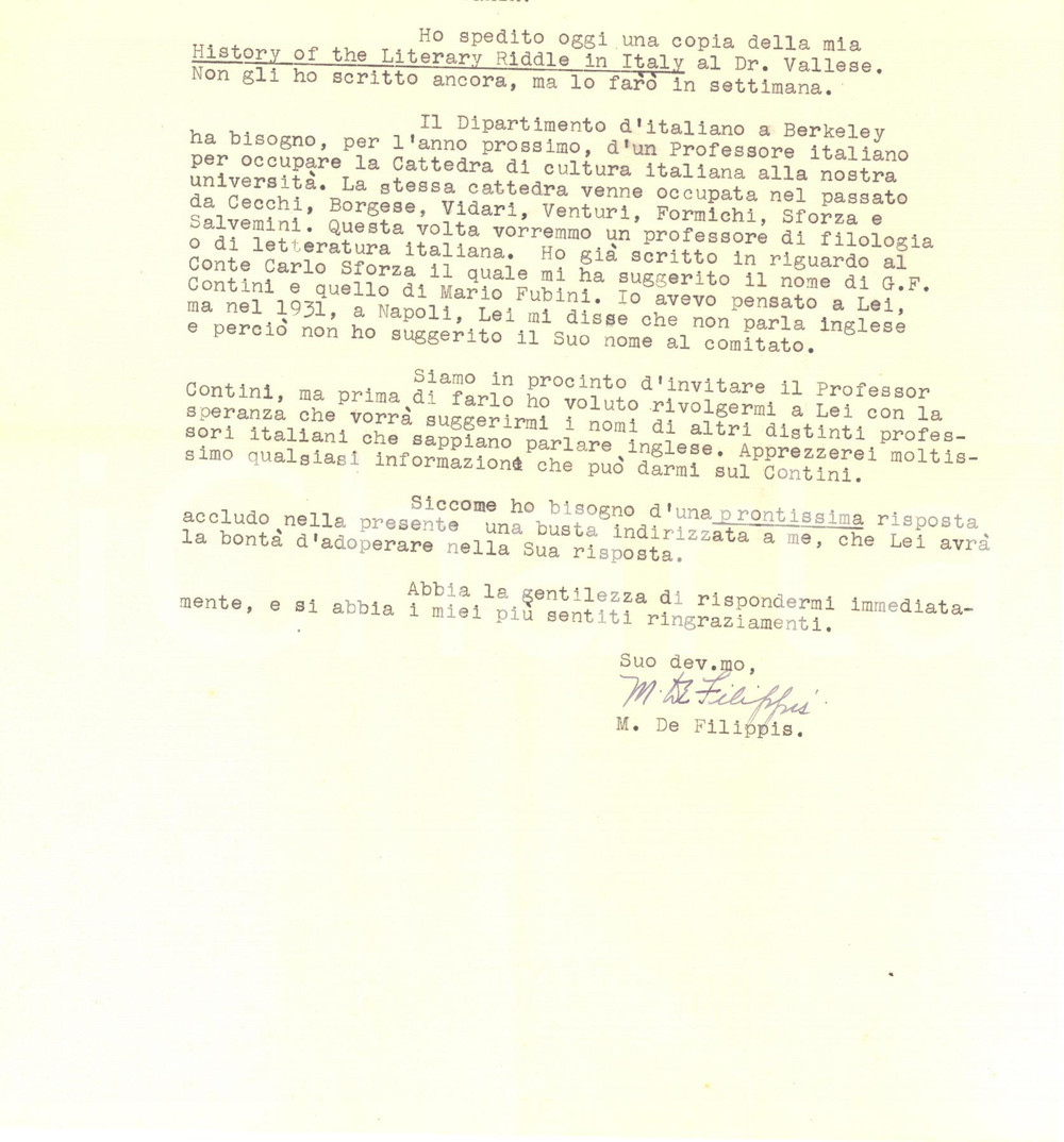 Autografo originale 1948 University CALIFORNIA  BERKELEY  Lettera Michele DE FILIPPIS  Autografo 1