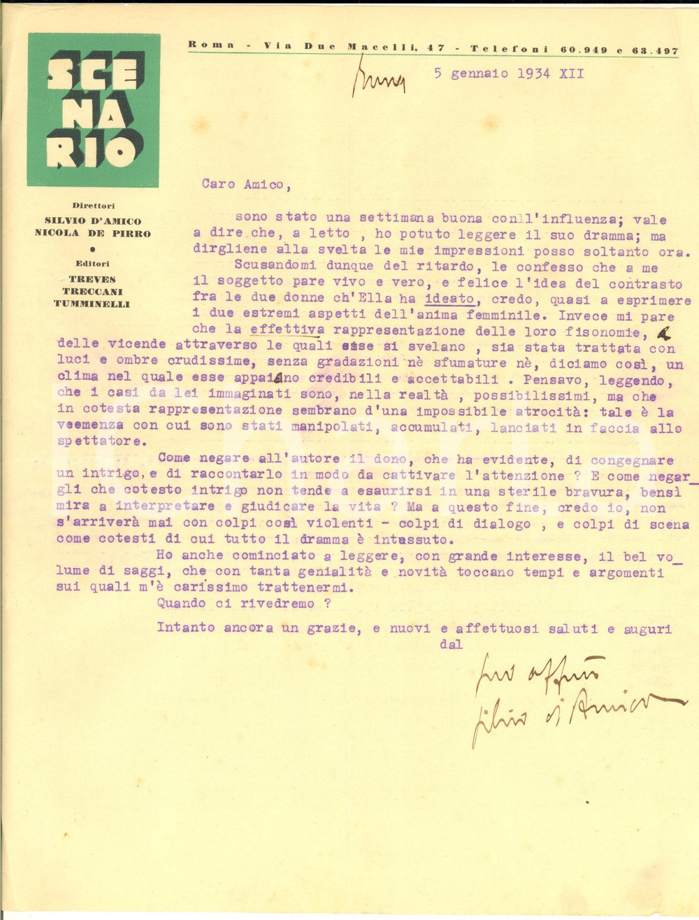 Autografo originale 1934 ROMA Lettera Silvio D AMICO su nuova opera ricevuta  Autografo 1