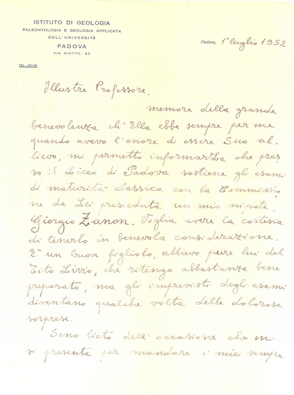 Autografo originale 1952 PADOVA Lettera Giambattista DAL PIAZ per un allievo  Autografo 1