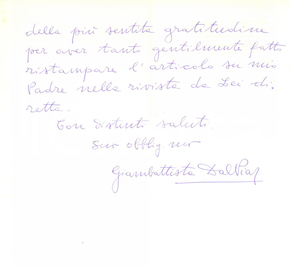 Autografo originale 1972 PADOVA Lettera Giambattista DAL PIAZ per articolo commemorativo  Autografo 1